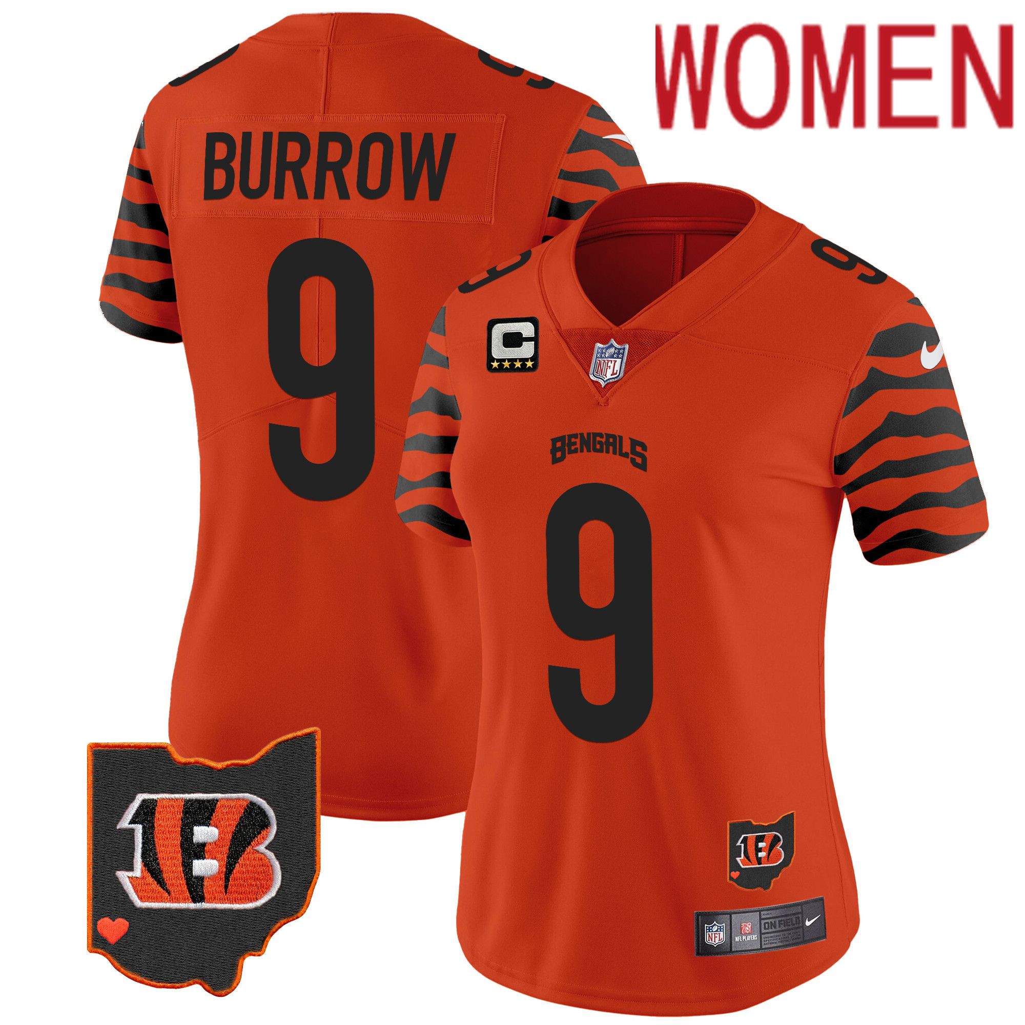 Women Cincinnati Bengals #9 Burrow Orange 2024 Nike Stripes Vapor Limited NFL Jersey